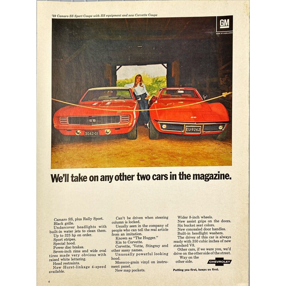 Chevrolet Camaro SS and Corvette "Will take on any other two Cars" Print Ad 1969